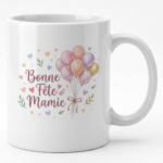 White mug with pastel balloon bouquet and the phrase ‘Bonne Fête Mamie’ in pink script.