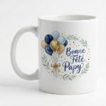 White mug featuring a festive bouquet of blue and gold balloons with a 'Bonne Fête Papy' message.
