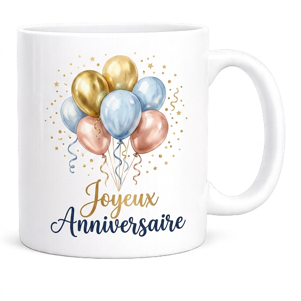Bouquet-de-Ballons-Mug-Joyeux-Anniversaire-1 | Bouquet de Ballons White mug featuring a cluster of gold, blue, and pink balloons with confetti, and the text 'Joyeux Anniversaire'.