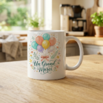 White ceramic mug on a wooden table with a colorful bouquet of balloons and the French phrase 'Un Grand Merci' printed on it.