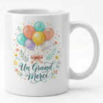 White mug with a watercolor bouquet of balloons and the text 'Un Grand Merci' in teal script