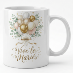 White mug with a pastel balloon bouquet and gold script reading ‘Vive les Mariés’ for a wedding celebration gift.