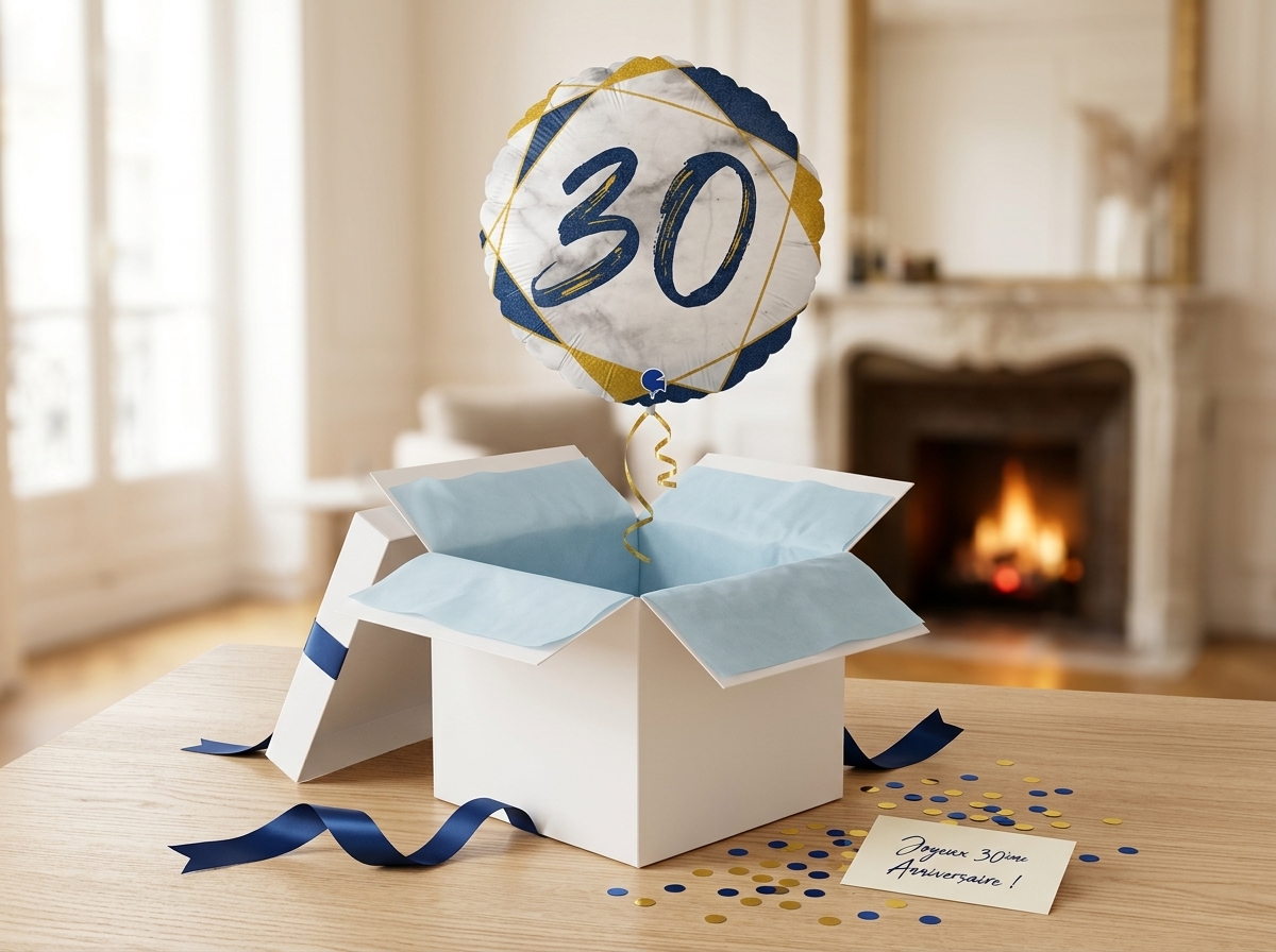 Ballon rond 30 ans marbre matte bleu et boîte cadeau surprise Bouquet de Ballons