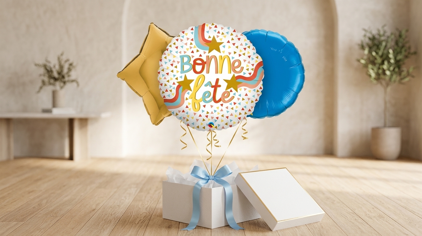 Bouquet de ballons hélium Fête des Grands-Pères avec ballon Bonne Fête étoiles or et bleu