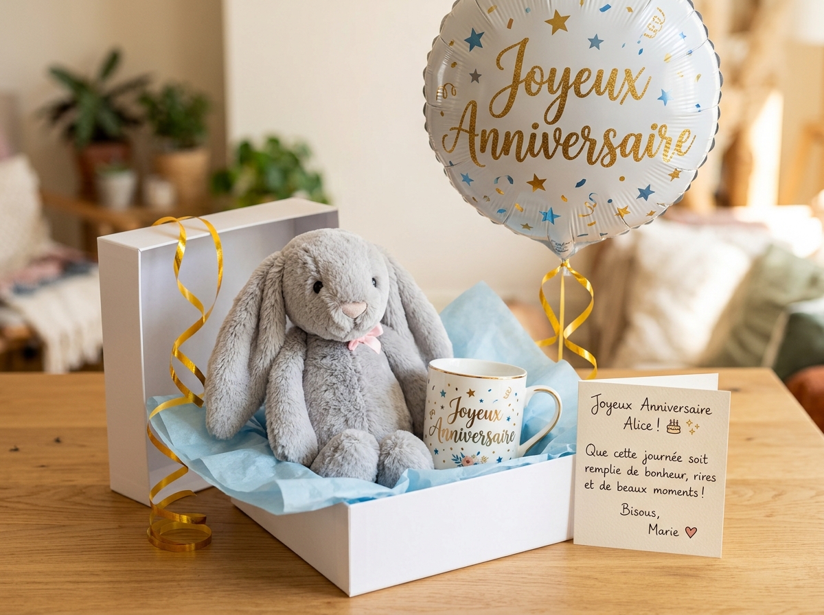 Box cadeau anniversaire avec peluche lapin gris 30cm, mug et carte de voeux personnalisée