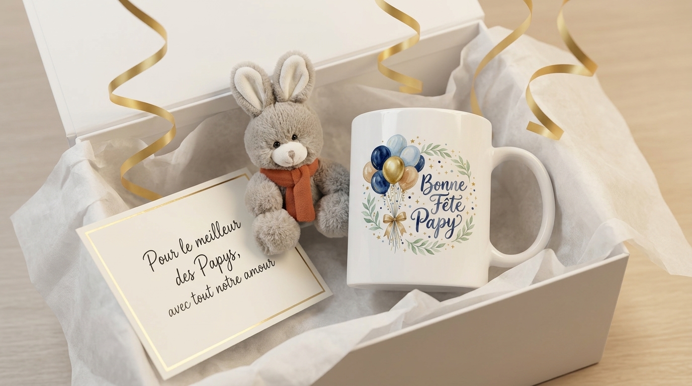 Box cadeau Fête des Grands-Pères avec Mug artisanal Bonne Fête Papy peluche et carte de vœux