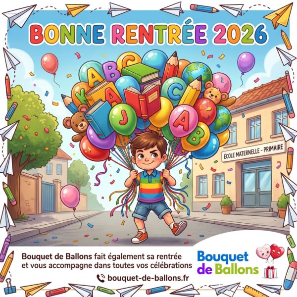 Illustration Bonne Rentrée 2026 Bouquet de Ballons, enfant avec ballons ABC, livre et globe