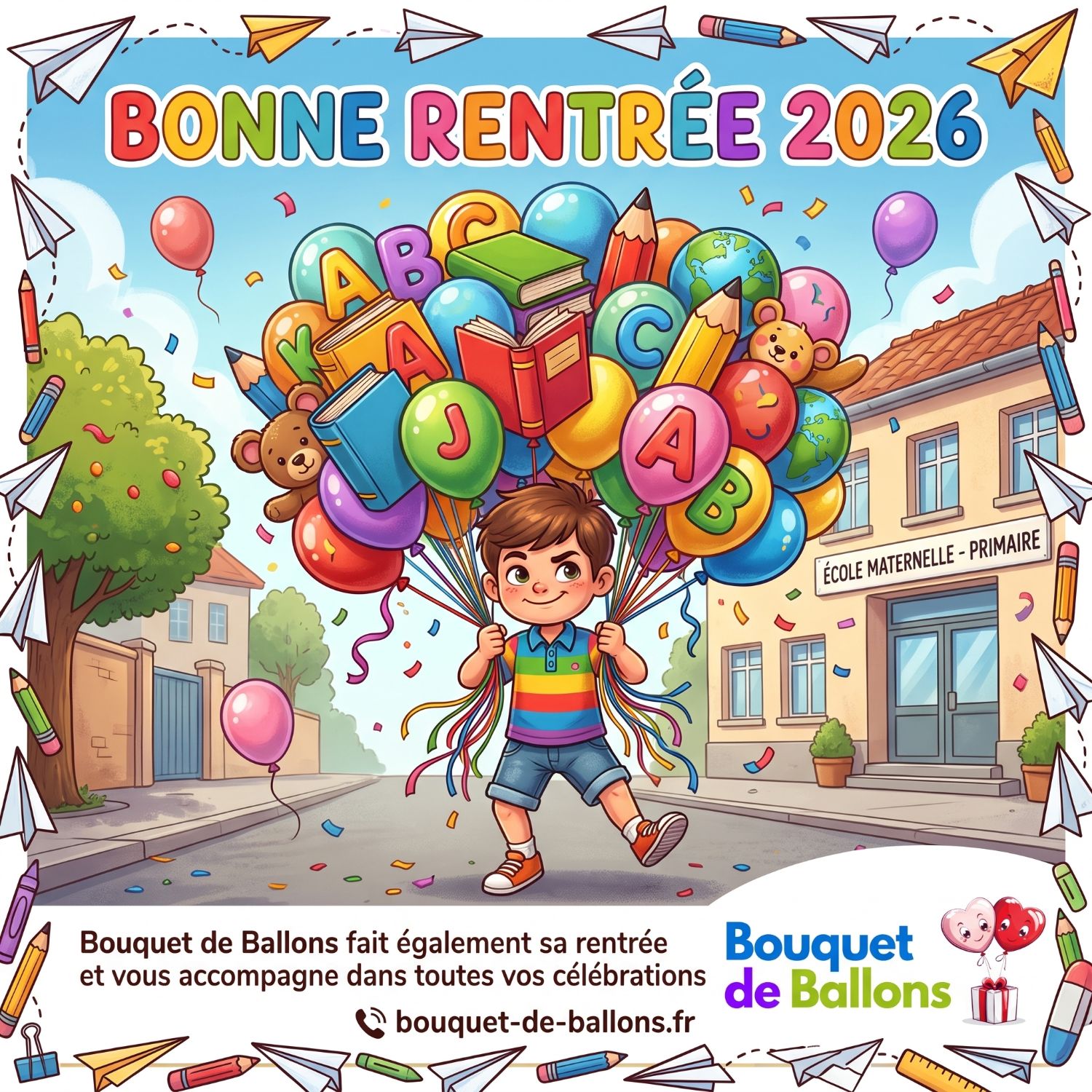 Illustration Bonne Rentrée 2026 Bouquet de Ballons, enfant avec ballons ABC, livre et globe