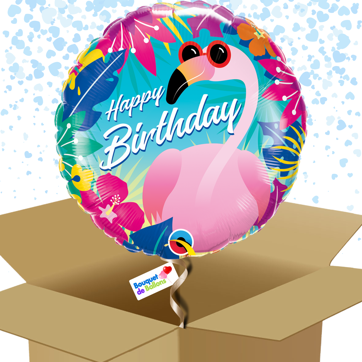 Ballon à offrir Joyeux anniversaire tropical avec flamant rose dans sa boite cadeau