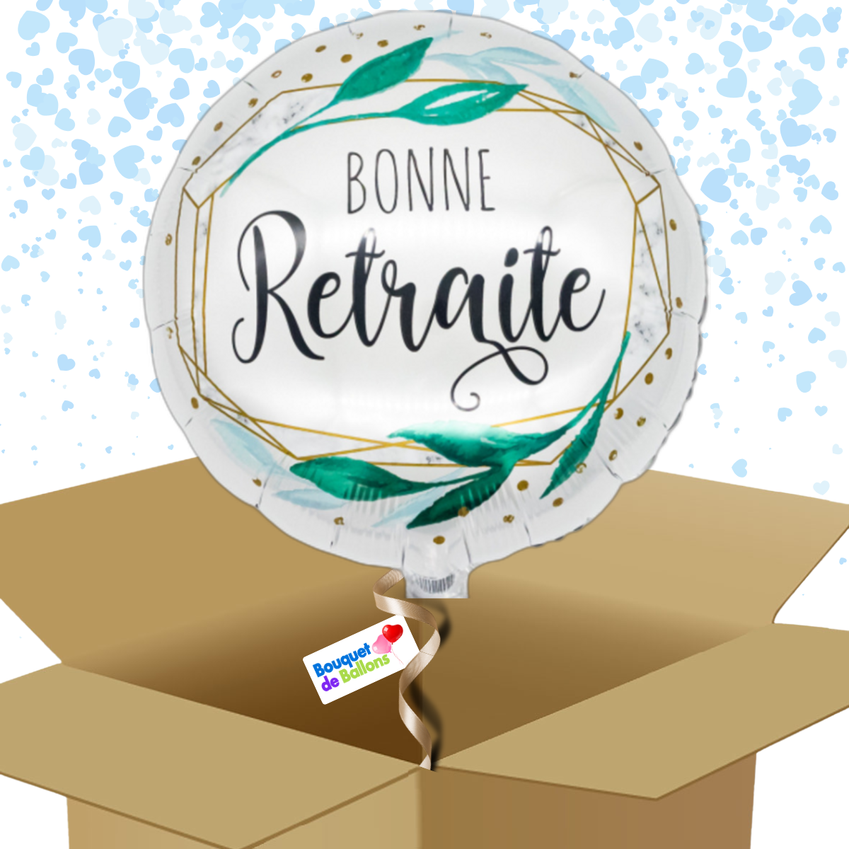 Bouquet de ballons-Bonne Retraite-Ballon Rond-Motif Vert et Or-Box