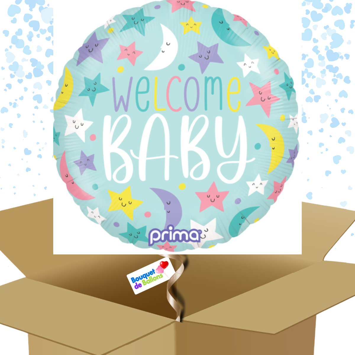 Bouquet de ballons-Welcome Baby-Ballon Rond-Lunes et Etoiles -Box