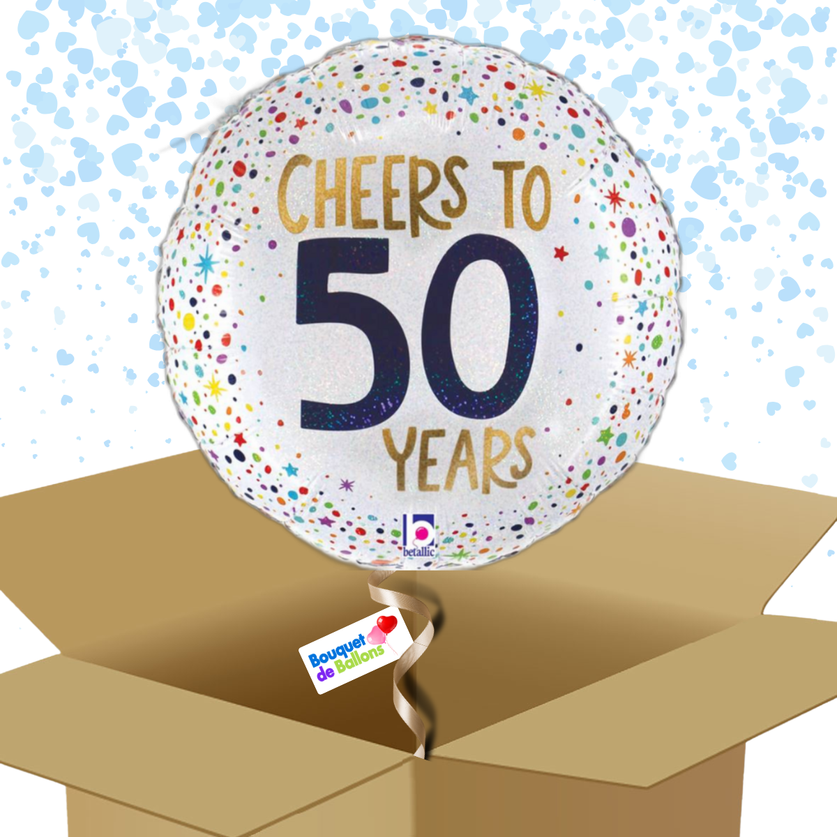 Bouquet de ballons-Ballon rond-Anniversaire-50 ans ça se fête-blanc avec confettis